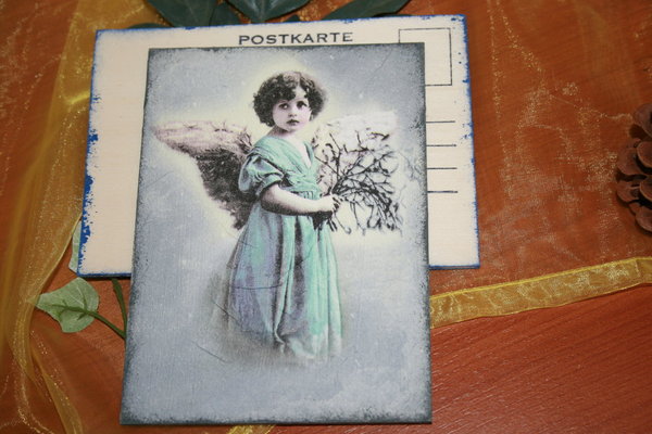 Holzpostkarte Winter Angel blue Winterengel Vintage