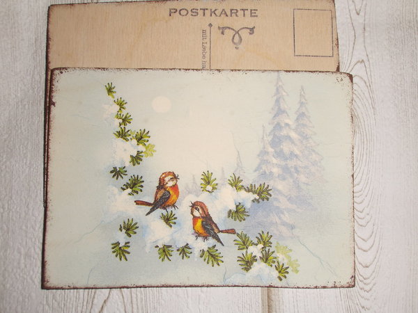 Holzpostkarte Rotkehlchen Winterwald Shabby chic