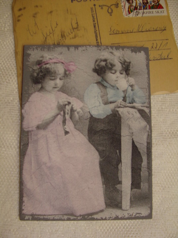 Holzpostkarte Vintage Children Kinderpaar Nostalgie