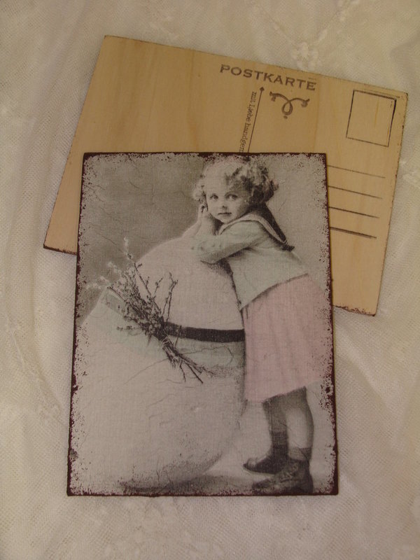 Holzpostkarte Eastern Vintage Girl Ostern Nostalgie