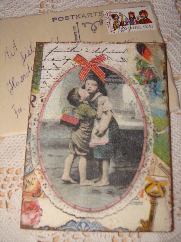 Holzpostkarte "The Kiss" Kinder No.1 Nostalgie