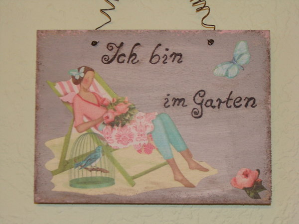 Holzschild "Ich bin im Garten" Tilda Design grau