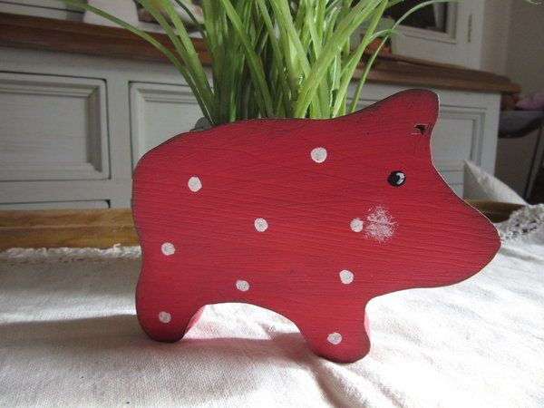 Schwein Holz Deko rot + Polka Dots weiß Shabby chic