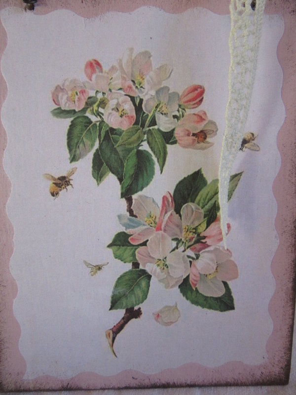 Holzbild Apfel Blüten Botanik Zeichnung Nostalgie