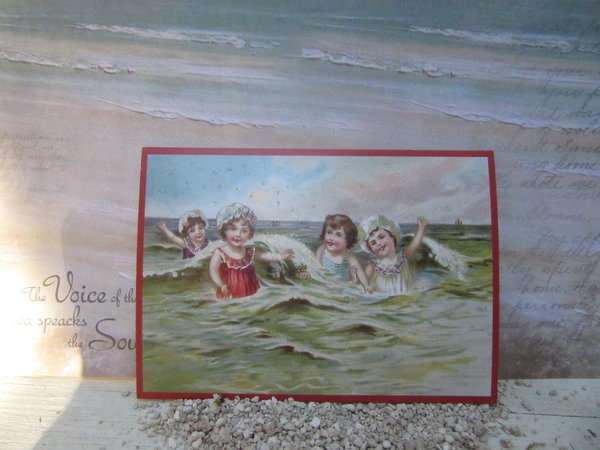 Postkarte m. Glitzer Kinder beim Baden im Meer Jahrhundertwende