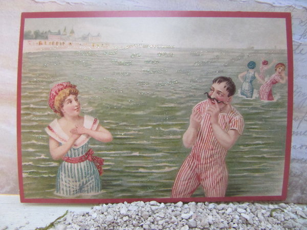 Postkarte m. Glitzer Seebad Jahrhundertwende