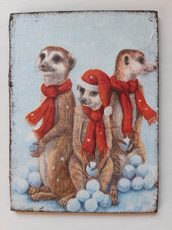 Holzpostkarte Erdmännchen im Winter Shabby Style