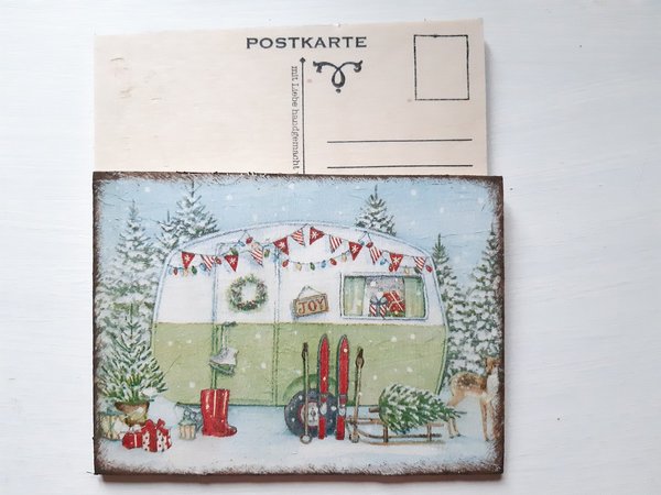 Holzpostkarte Christmas Caravan Winter Wohnwagen