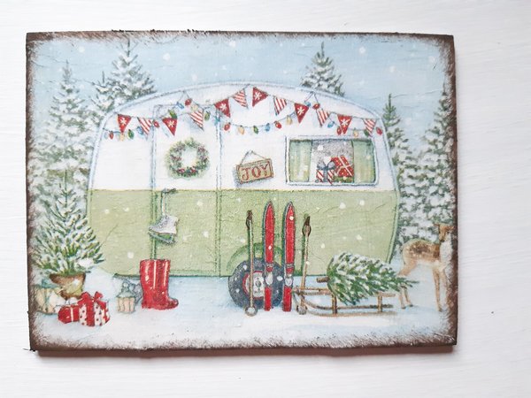 Holzpostkarte Christmas Caravan Winter Wohnwagen
