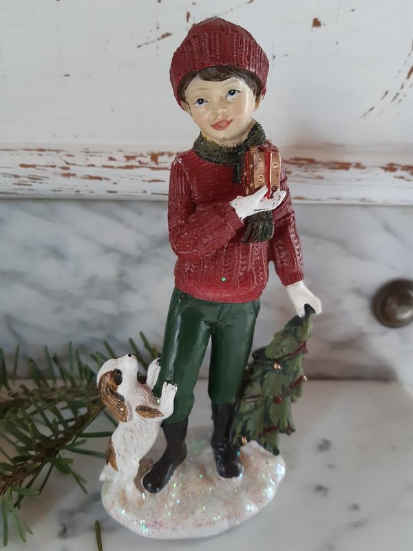 Weihnachtskind Junge m. Hund rot, grün Nostalgie