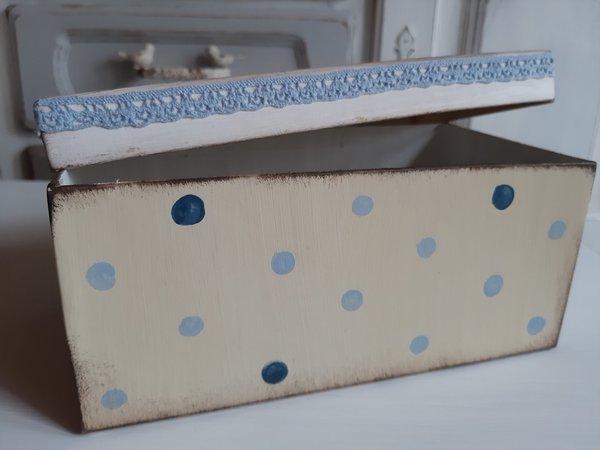 Schachtel rechteckig beige + blaue Dots Shabby chic