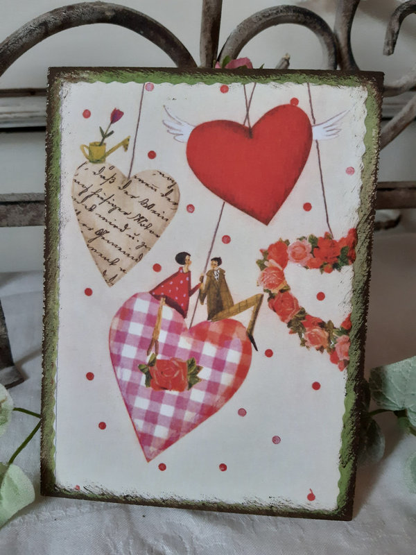 Holzpostkarte Herzen + Paar Hochzeit, Valentinstag Nostalgie