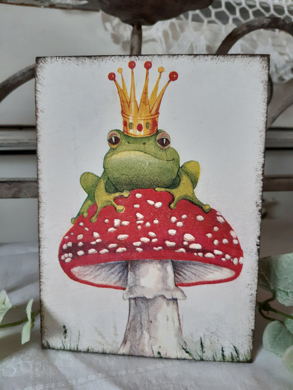 Holzpostkarte Froschkönig auf Fliegenpilz Nostalgie