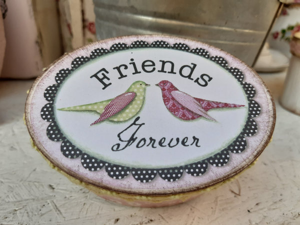 Schachtel oval "Friends Forever" Vögel rosa weiß Tilda Label im Shabby chic Style
