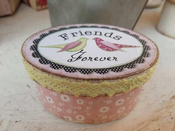 Schachtel oval "Friends Forever" Vögel rosa weiß Tilda Label im Shabby chic Style