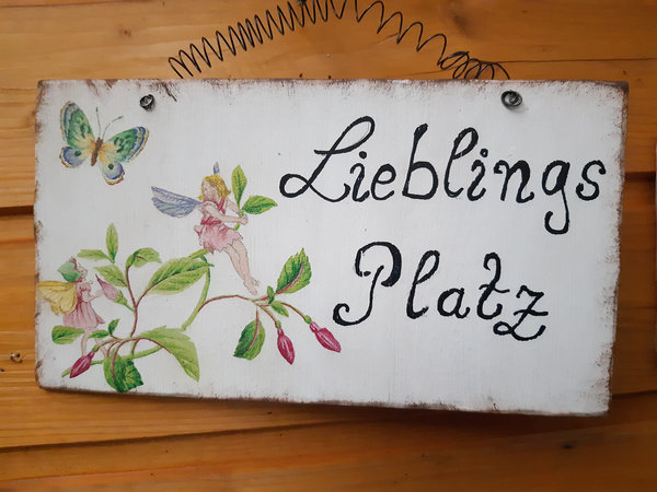 Schild "Lieblingsplatz" weiß Elfen auf Zweigen/Blumen Shabby chic