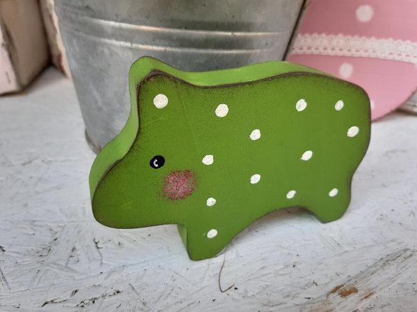 Schwein Holz Deko grün mit weißen Polka Dots im Shabby chic Style