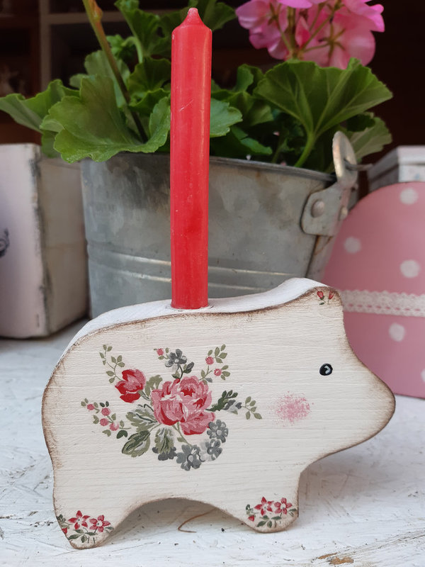 Schwein Holz Deko Rosen/Blumen in rot/grau m. Kerzenhalter im Shabby chic Style