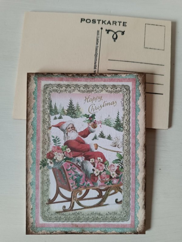 Holzpostkarte "Happy Christmas" Santa Claus im Schlitten mit Geschenken Nostalgie