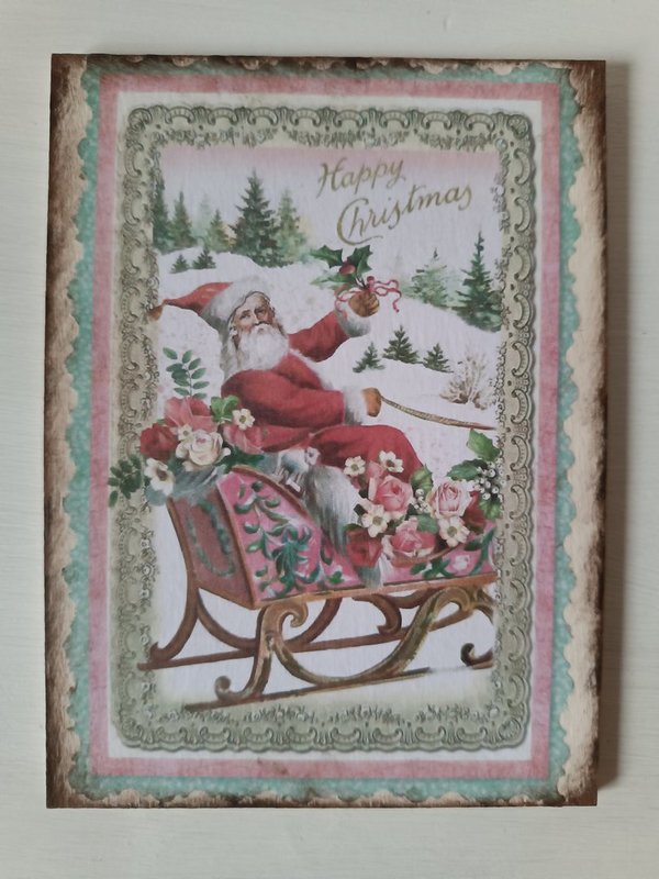 Holzpostkarte "Happy Christmas" Santa Claus im Schlitten mit Geschenken Nostalgie