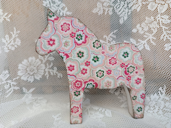 Deko Holz Pferd Dalapferd Blumenornamente rosa / rot bunt im Shabby chic Style