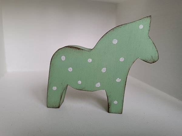 Dala Pferd, Holzpferd, Deko grün + Polka Dots weiß im Shabby chic Style