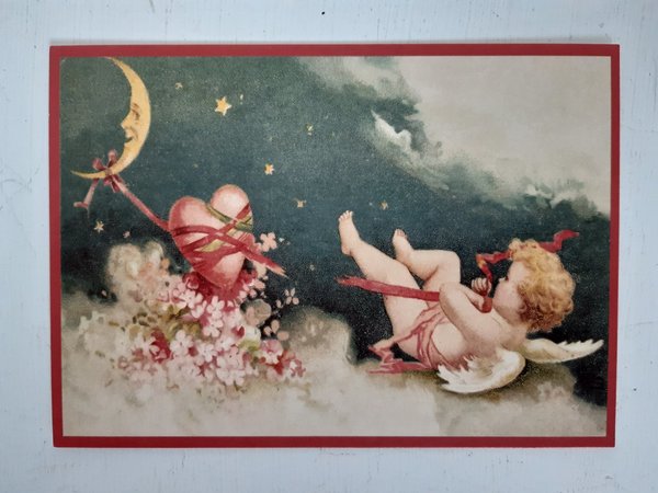 Postkarte Amor mit Herz auf Wolken im Himmel Poesie Nostalgie Karte
