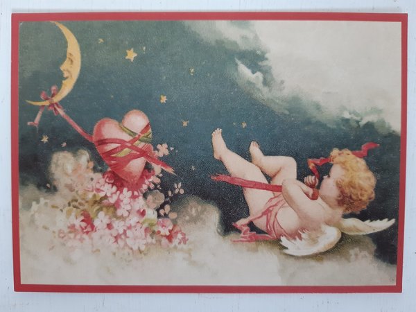 Postkarte Amor mit Herz auf Wolken im Himmel Poesie Nostalgie Karte