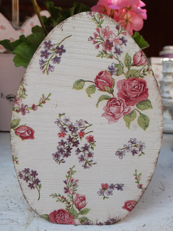 Ei Osterei Holz Deko rosa Rosen, lila Blüten Gr. L im Shabby chic Style