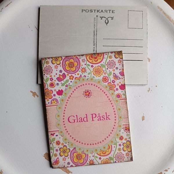 Holzpostkarte "Glad Pask" Frohe Ostern pink bunt Vintage Style